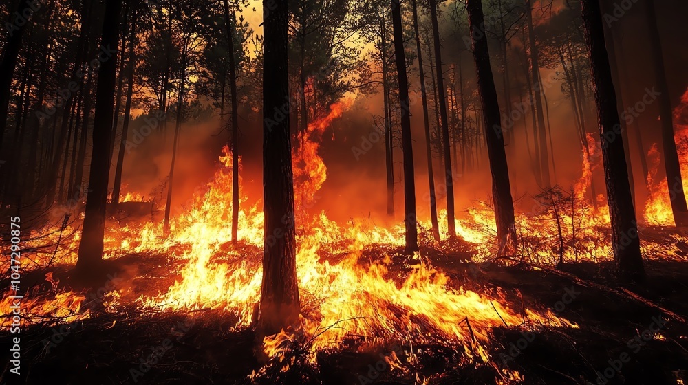 A dramatic view of a forest fire consuming trees and land, depicting the destructive power of flames in a wilderness setting. A dramatic view of a forest fire consuming trees and land, depicting the destructive power of flames in a wilderness setting.