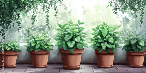 Peppermint plants spreading in a container garden outdoors, illustration art