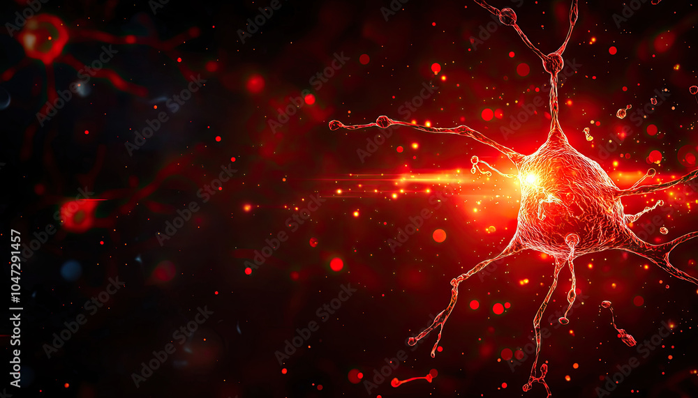 Microscopic view of a neuron with glowing synapses on a dark background. Microscopic view of a neuron with glowing synapses on a dark background.