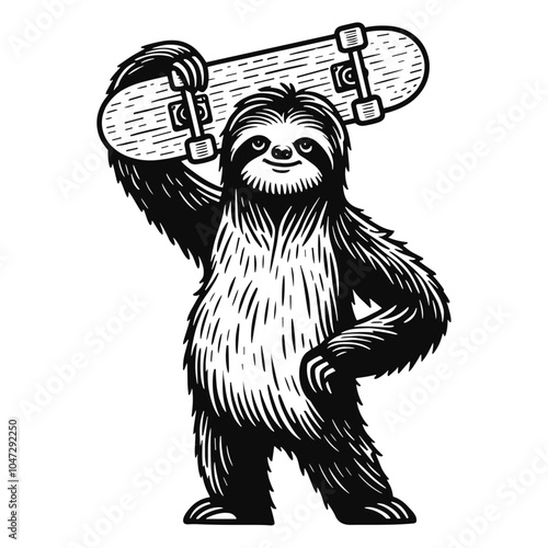 cool sloth holding a skateboard, funny animal skateboarder sketch