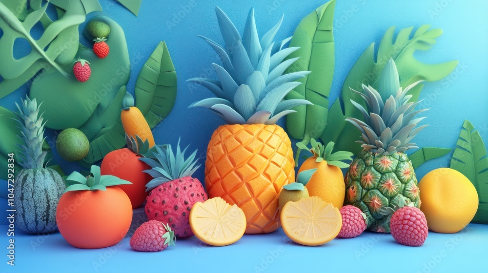 Simple embossed fruit illustration, 3D tropical style with bright colors in high definition. Simple embossed fruit illustration, 3D tropical style with bright colors in high definition.