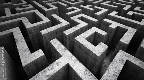 A stunning aerial view of a complex concrete maze, showcasing intricate paths and sharp angles in monochrome tones.