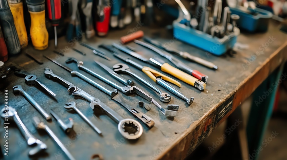 Fototapeta premium A variety of hand tools neatly arranged on a workbench, showcasing essential equipment for any DIY or professional project.