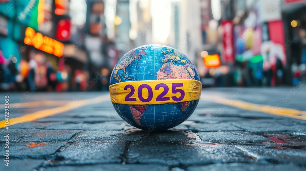 A vibrant urban scene featuring a globe marked with 2025, symbolizing global aspirations in the heart of a busy city. A vibrant urban scene featuring a globe marked with 2025, symbolizing global aspirations in the heart of a busy city.