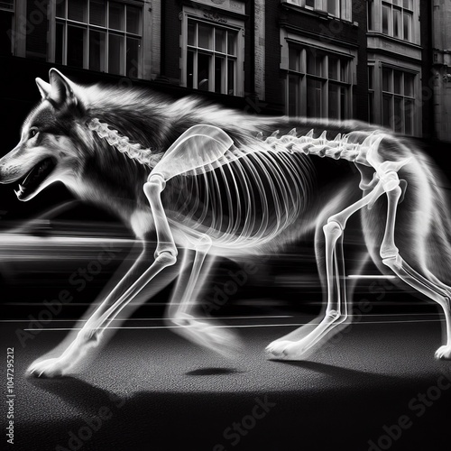 A massive wolf moves through the street its form blurred by the photo