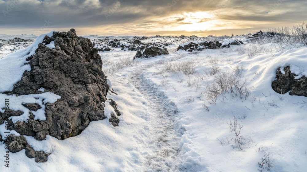 Obraz premium Snow-covered lava trail through icy terrain, stark white path winding through dark rocks.