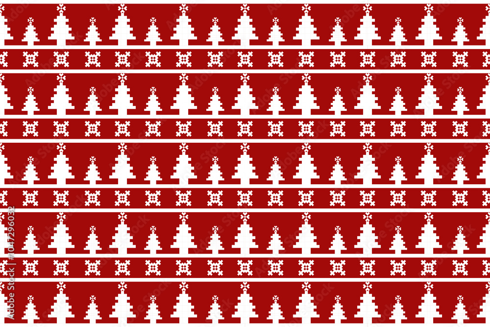 Christmas Pixel Pattern - Red and White Snowflakes and Christmas Trees Seamless Design for Winter Sweaters, Hats, Wrapping, and Fabric. Christmas Pixel Pattern - Red and White Snowflakes and Christmas Trees Seamless Design for Winter Sweaters, Hats, Wrapping, and Fabric.
