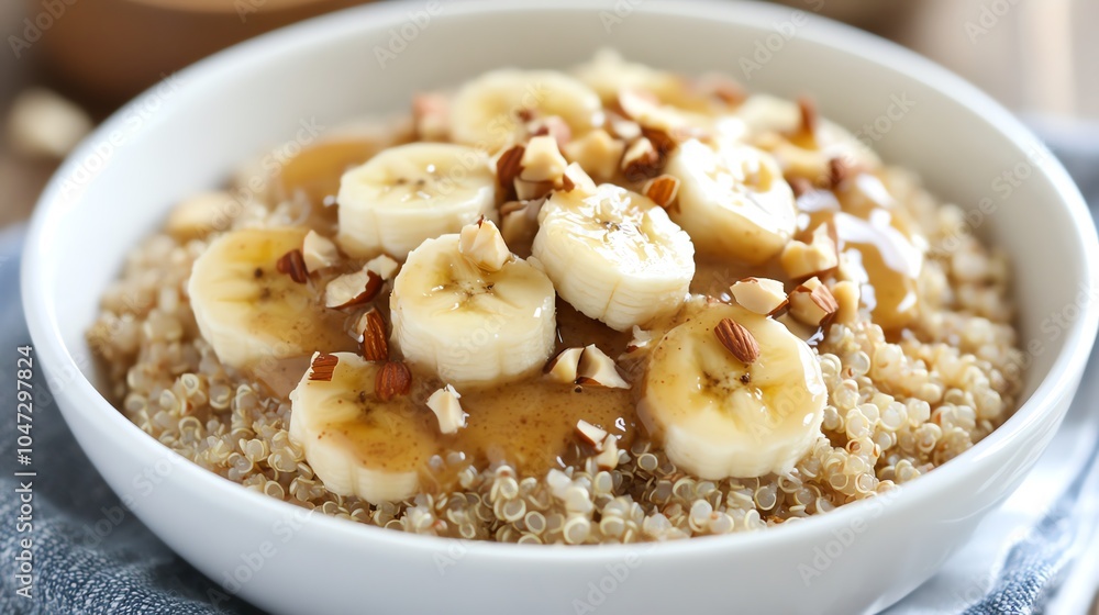 Delicious bowl of oatmeal topped with banana slices, nuts, and syrup for a healthy breakfast. Delicious bowl of oatmeal topped with banana slices, nuts, and syrup for a healthy breakfast.