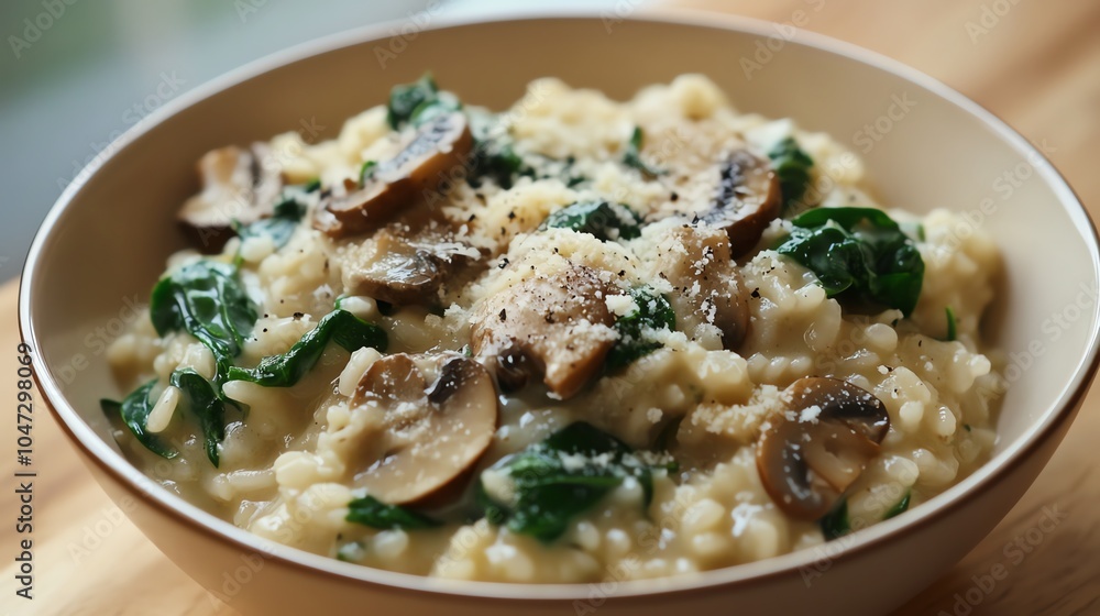 Delicious creamy risotto topped with fresh spinach and mushrooms, garnished with parmesan cheese in a rustic bowl. Delicious creamy risotto topped with fresh spinach and mushrooms, garnished with parmesan cheese in a rustic bowl.