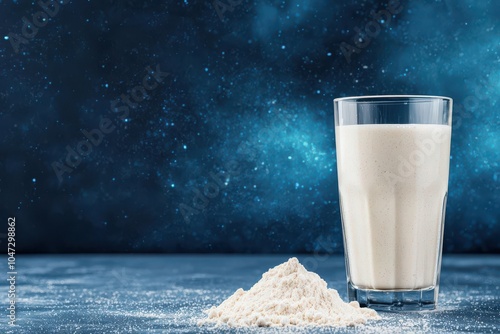 Artistic rendering of casein protein powder mixed into a nighttime smoothie, soft glowing effects, Casein protein smoothie, Bedtime recovery drink photo