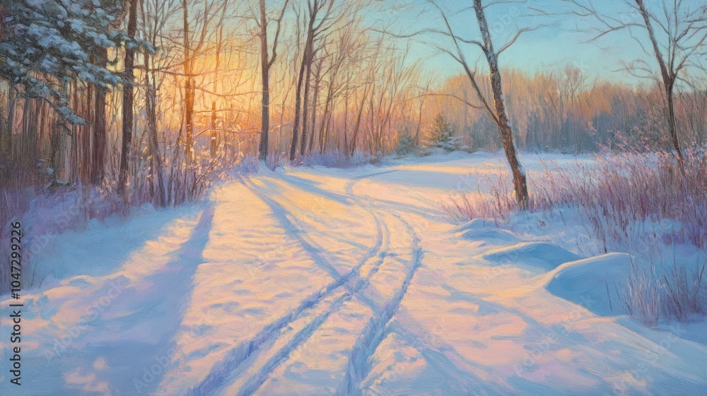 Obraz premium Snowy trail through winter landscape, soft sunrise glow casting long shadows along the path.