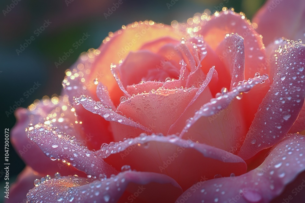 A close-up of a pink rose adorned with droplets of water, showcasing its delicate beauty. A close-up of a pink rose adorned with droplets of water, showcasing its delicate beauty.