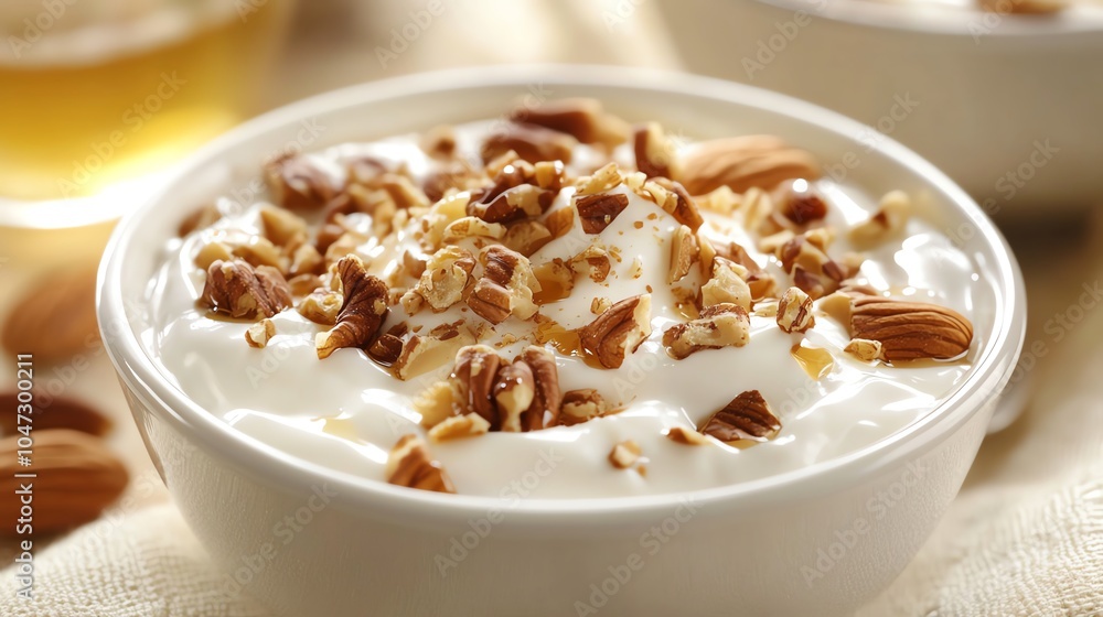 Delicious yogurt topped with crunchy nuts and granola, perfect for a healthy breakfast or snack. Delicious yogurt topped with crunchy nuts and granola, perfect for a healthy breakfast or snack.