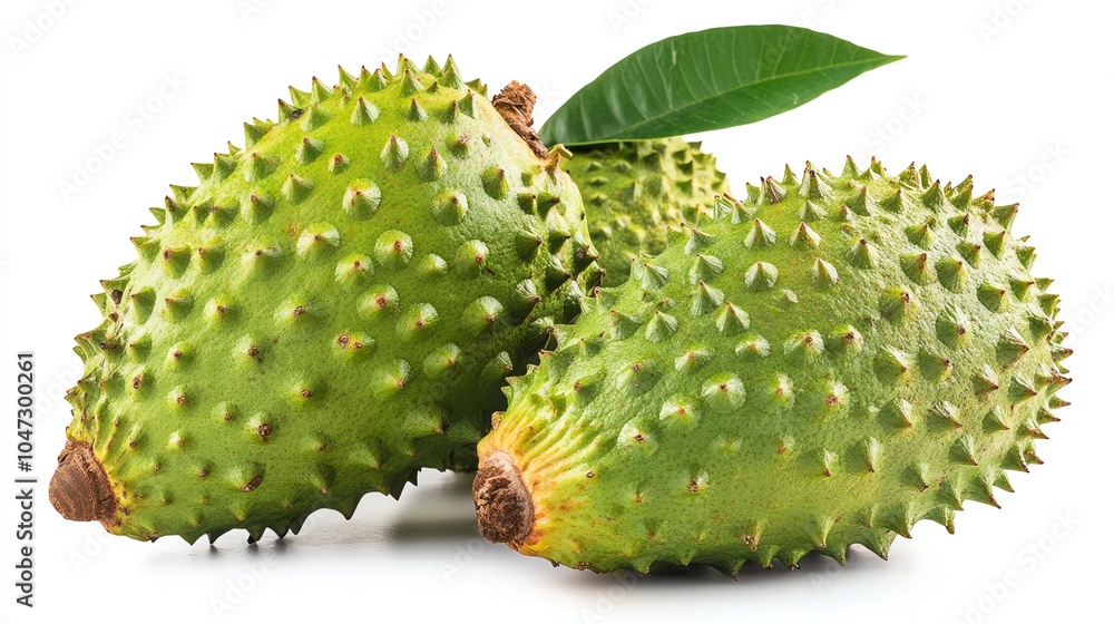 Fresh green soursop fruit displayed with leaves, showcasing its unique spiky texture and vibrant color, perfect for culinary uses.
