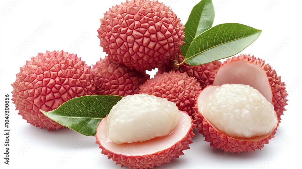 Fresh lychee fruits with vibrant red skin and juicy white flesh, surrounded by green leaves, perfect for healthy recipes. Fresh lychee fruits with vibrant red skin and juicy white flesh, surrounded by green leaves, perfect for healthy recipes.