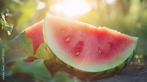 Fresh watermelon slice with vibrant red color and seeds, perfect for summer days and healthy snacks under sunlight. photo