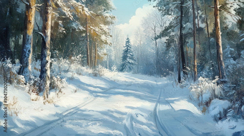 Solitary snowy path in winter forest, surrounded by frosted trees and gentle snowdrifts. Solitary snowy path in winter forest, surrounded by frosted trees and gentle snowdrifts.