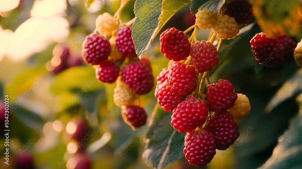 Vibrant red raspberries hanging on green vines captured in soft sunlight, showcasing nature's beauty and freshness.
