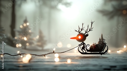 Black reindeer with a glowing red nose pulling a sleigh, 3D illustration