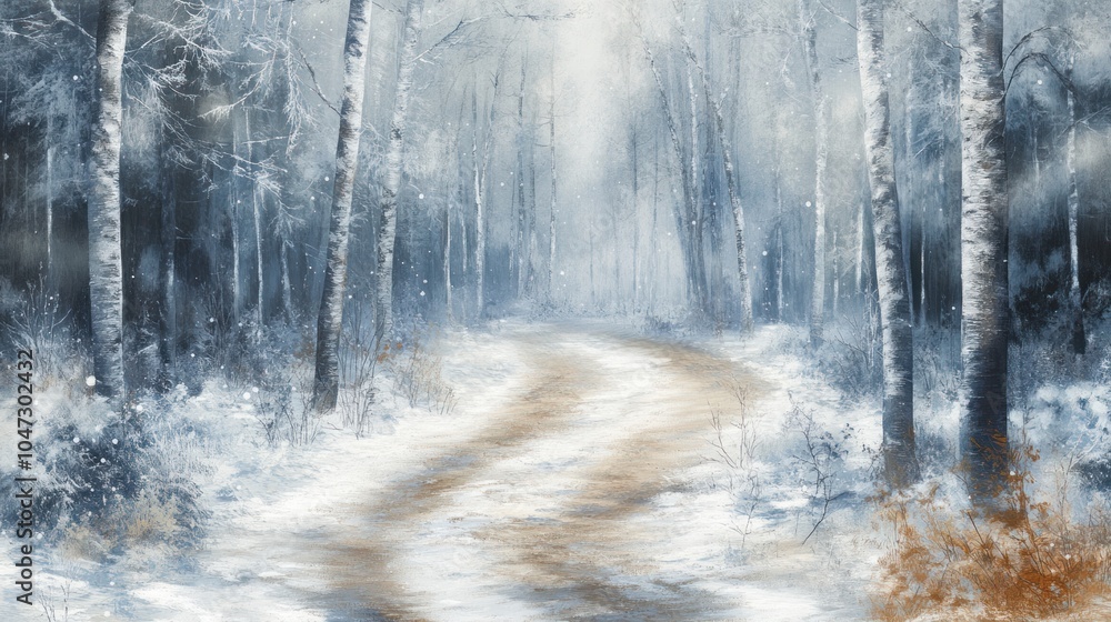 Solitary snowy path in winter forest, surrounded by frosted trees and gentle snowdrifts. Solitary snowy path in winter forest, surrounded by frosted trees and gentle snowdrifts.