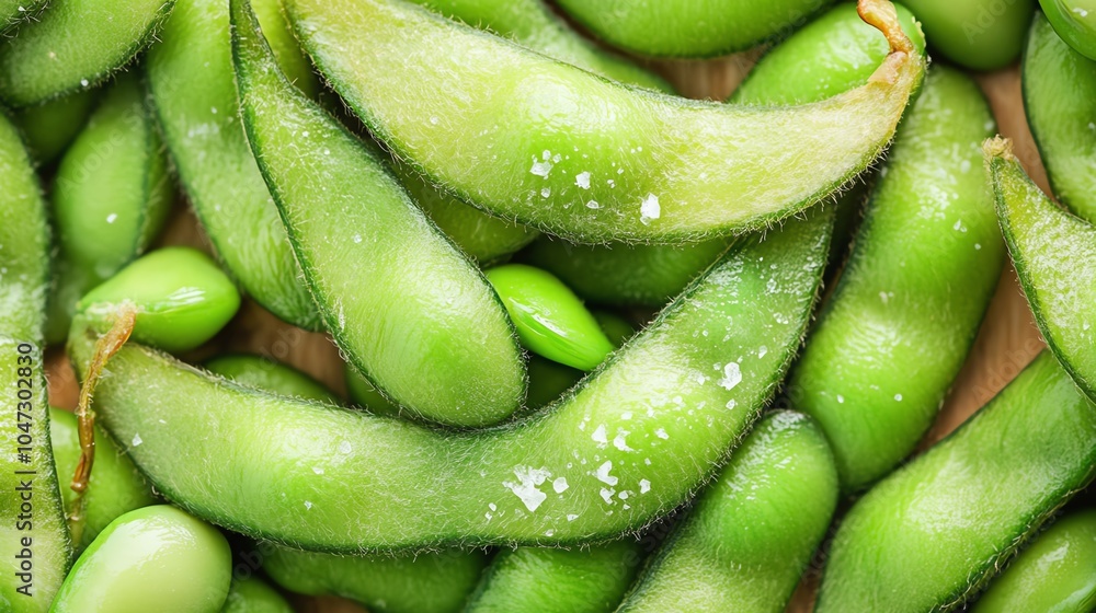 Fresh edamame beans in their pods, displaying a vibrant green color, perfect for healthy snacks or Asian cuisine recipes. Fresh edamame beans in their pods, displaying a vibrant green color, perfect for healthy snacks or Asian cuisine recipes.