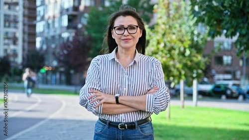 Portrait of middle-aged confident woman posing outdoors
