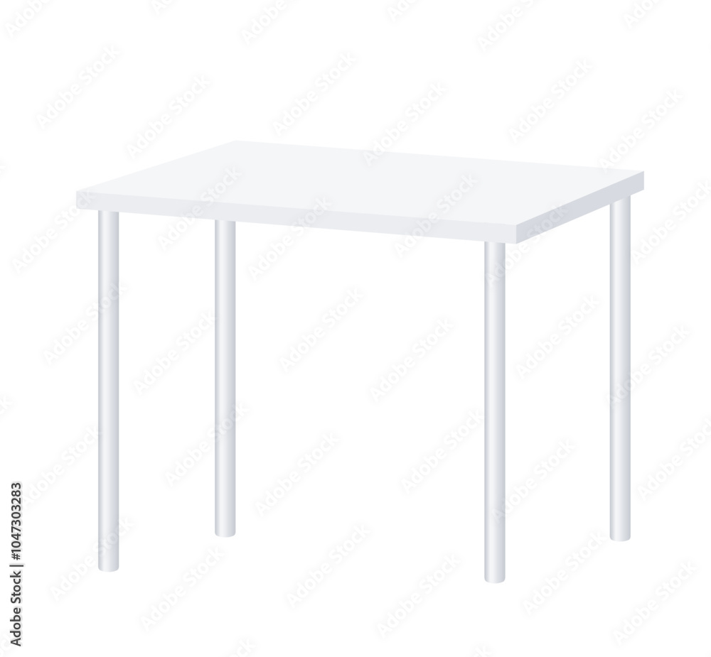 White empty rectangular Table on 4 round metal legs. kitchen or dining table Mockup. furniture for home interior. Vector realistic 3d illustration. Blank emplate. EPS10. White empty rectangular Table on 4 round metal legs. kitchen or dining table Mockup. furniture for home interior. Vector realistic 3d illustration. Blank emplate. EPS10.