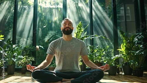 A joyful man sits cross-legged on a soft yoga mat, surrounded by sunlight streaming through large windows, showcasing a serene atmosphere filled with indoor plants photo