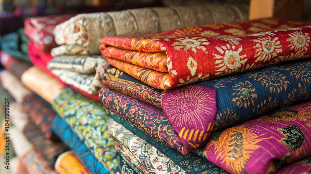 Vibrant and colorful fabrics stacked neatly, showcasing intricate patterns and rich textures for textile enthusiasts. Vibrant and colorful fabrics stacked neatly, showcasing intricate patterns and rich textures for textile enthusiasts.