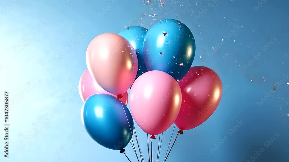 The banner showcases a whimsical scene of pink and blue balloons tied together, surrounded by shimmering confetti The banner showcases a whimsical scene of pink and blue balloons tied together, surrounded by shimmering confetti