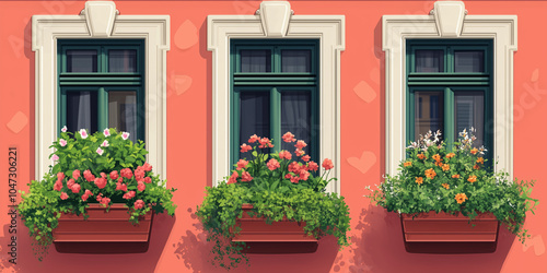 Window boxes filled with herbs and flowers on a city facade, illustration art