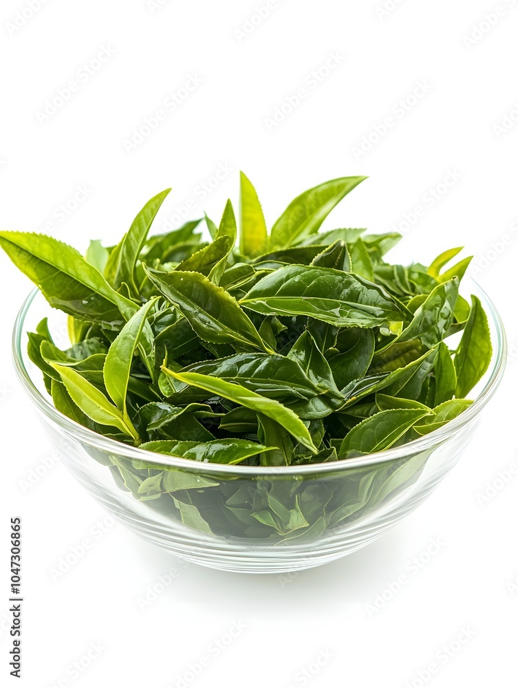 A Pile of Freshly Picked Longjing Green Tea Leaves in a Glass Container on a White Background A Pile of Freshly Picked Longjing Green Tea Leaves in a Glass Container on a White Background