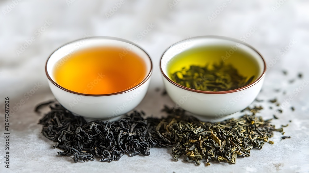 Two Cups of Fragrant Black and Green Tea with Loose Leaves Two Cups of Fragrant Black and Green Tea with Loose Leaves