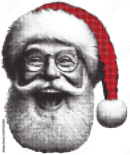 Jolly Santa Claus Smiling Face with Red Hat in Vintage Halftone Style