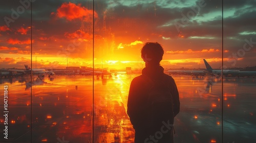 A person watches a vibrant sunset reflected in an airport window, evoking travel and contemplation.