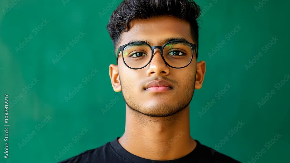 A young man with glasses stands in front of a green background A young man with glasses stands in front of a green background
