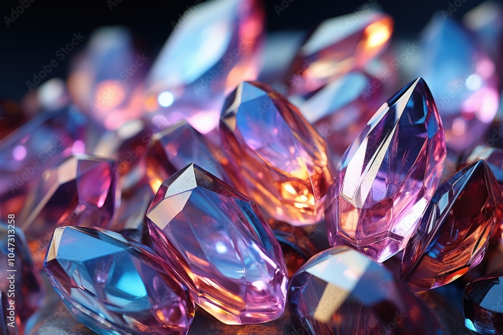 A close-up of colorful, faceted gemstones reflecting light. A close-up of colorful, faceted gemstones reflecting light.