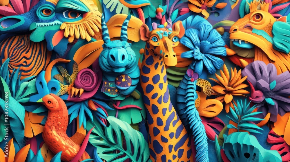Obraz premium Vibrant animal textures in 3D, high quality, colorful relief pattern, sharp details with a stylized wildlife motif.