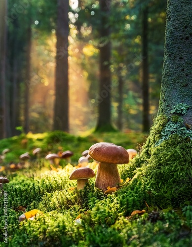 un bosque con arboles grandes y boletus en el suelo