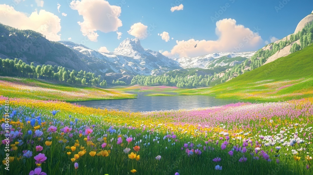 Fototapeta premium Vivid 3D meadow landscape, high-quality relief, colorful hills, and flat terrain for a bright, natural scene.