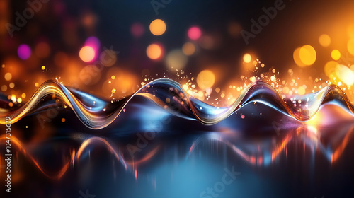 Banner of vibrant swirling waves with glowing orbs reflecting on blue surface, featuring bright hues and warm energetic background