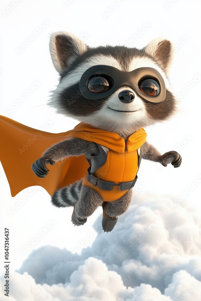 A cute raccoon dressed as a superhero flying through the sky with an orange cape, radiating confidence and adventure in a playful 3D illustration style A cute raccoon dressed as a superhero flying through the sky with an orange cape, radiating confidence and adventure in a playful 3D illustration style