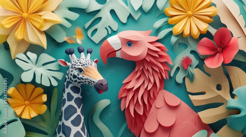 Naklejka premium Wildlife design in 3D relief, minimalist approach, colorful textures with a refined, simple geometric style.