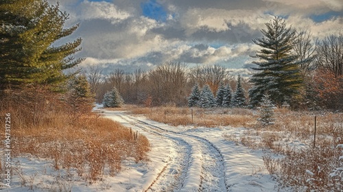 Winter forest trail blanketed with fresh snow, serene woodland scene under a cloudy sky.