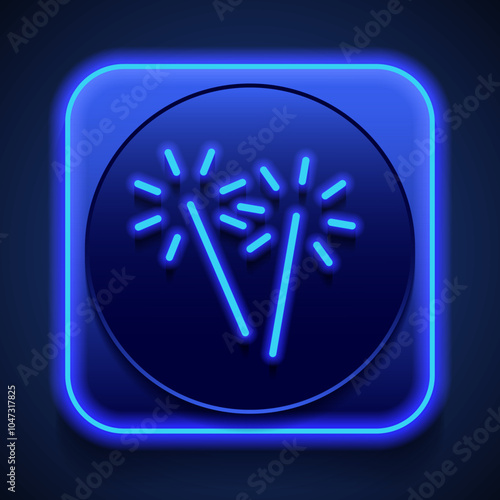 Sparkler, bengal fire logo simple icon vector. Flat design. Blue neon style on button. With shadow
