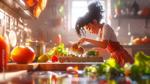 Vibrant Banner with Woman Cooking Delightful Meal, Fresh Ingredients, Bright Kitchen, and Creative Culinary Expression
