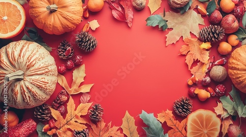 Autumn Harvest Decoration with Colorful Leaves and Fruits