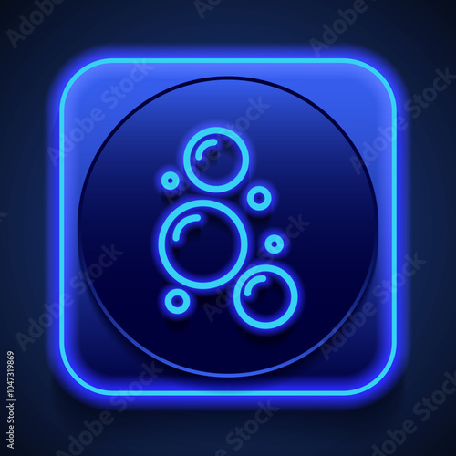 Soap bubbles simple icon vector. Flat design. Blue neon style on button. With shadow