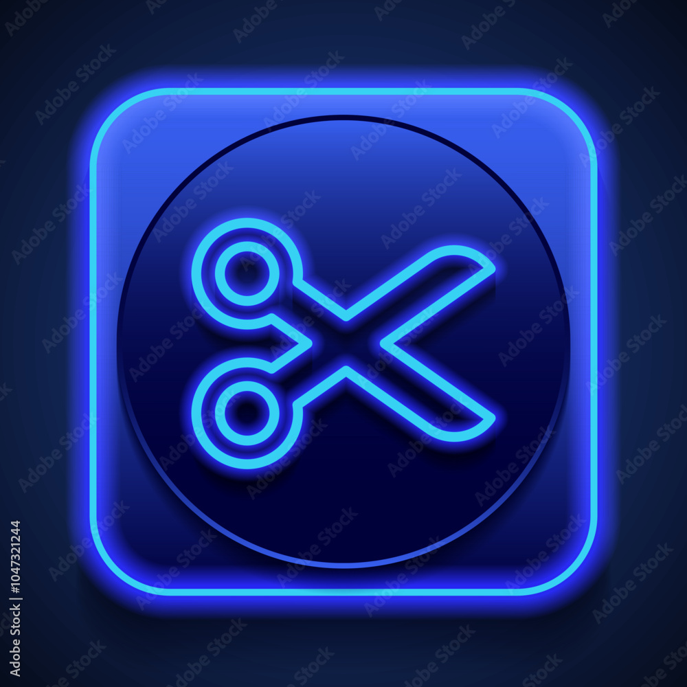 Scissors simple icon vector. Flat design. Blue neon style on button. With shadow Scissors simple icon vector. Flat design. Blue neon style on button. With shadow