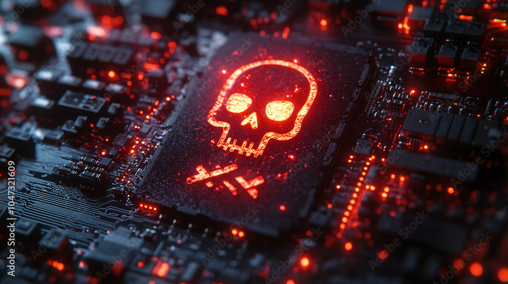 3D rendering of a red skull and crossbones icon on a circuit board background with a glowing effect 3D rendering of a red skull and crossbones icon on a circuit board background with a glowing effect